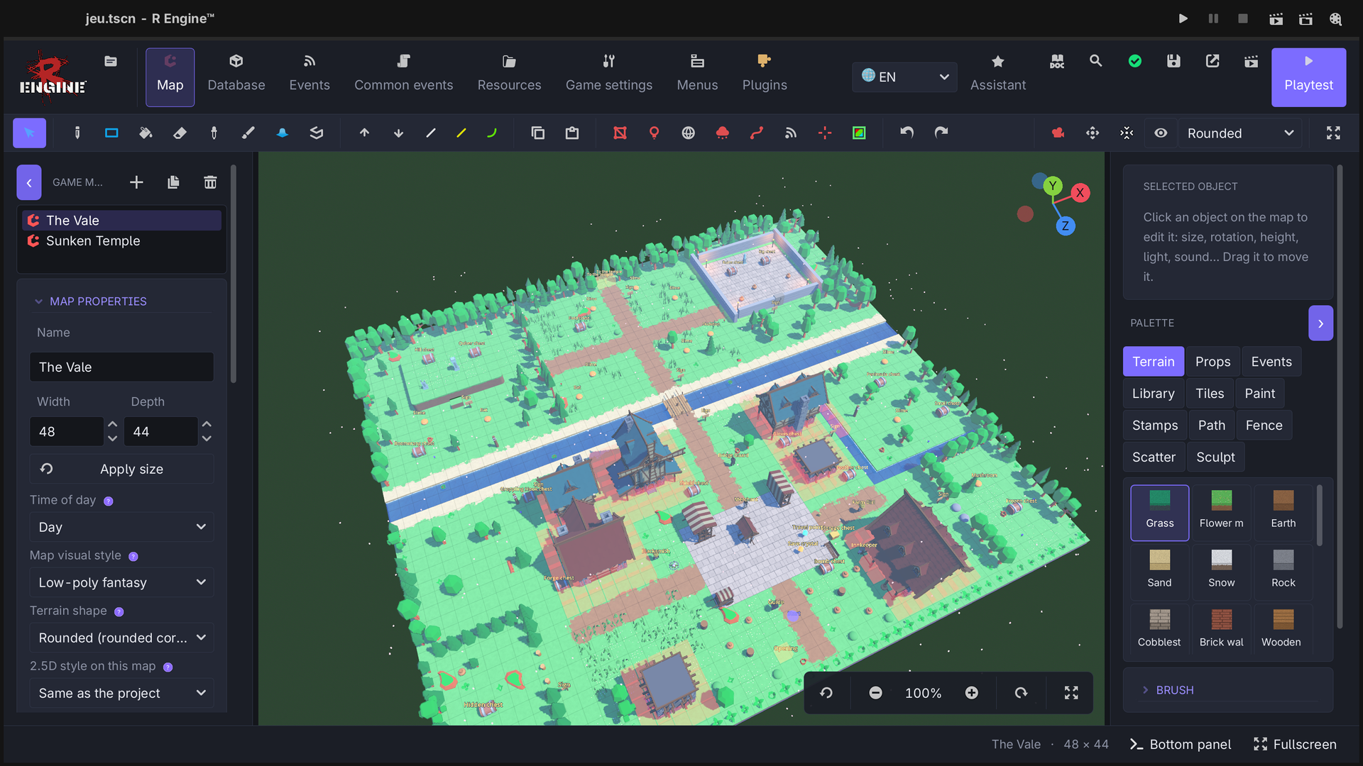 R Engine map editor with a village, terrain palette and map properties