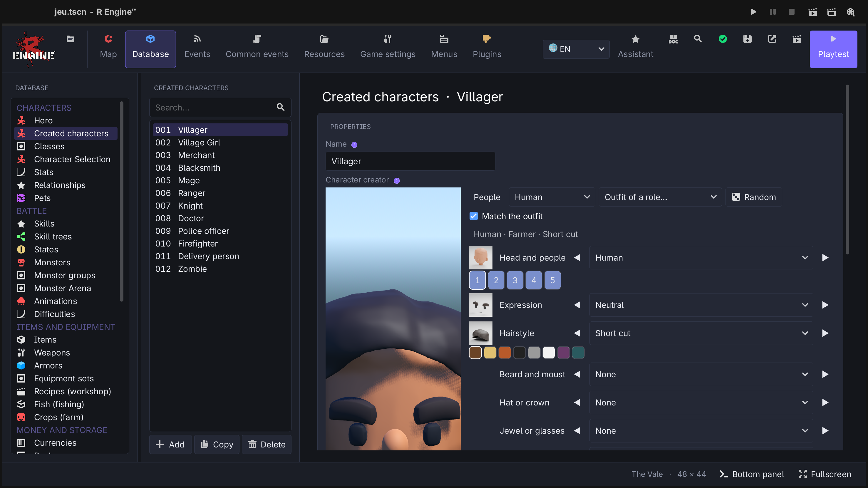 R Engine character creator with customizable face, hair, colors and outfits