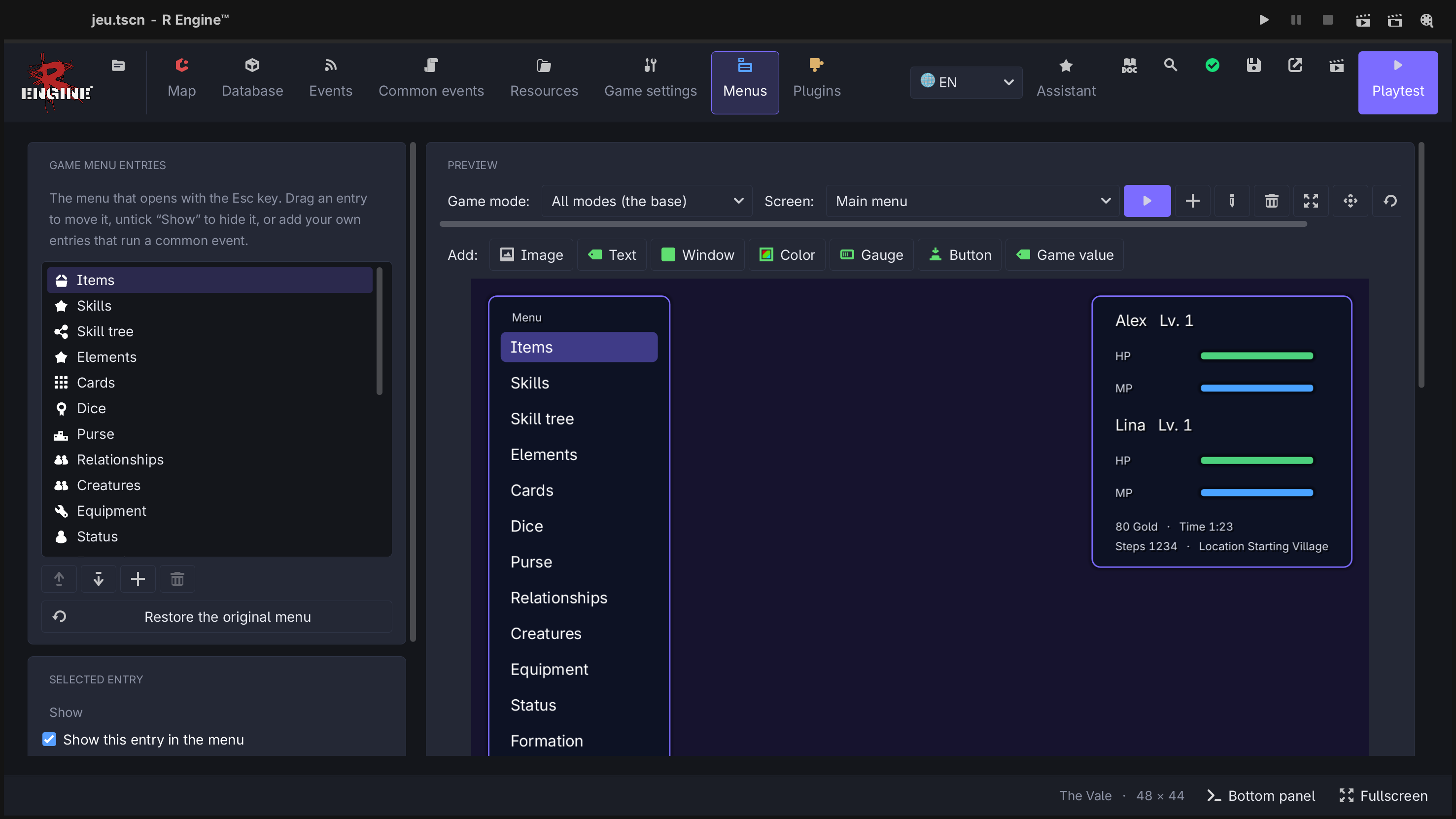 R Engine visual menu editor with a customizable game menu preview